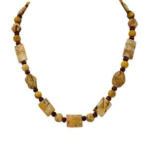 Brown and beige agate stone necklace mixed with small wood beads New